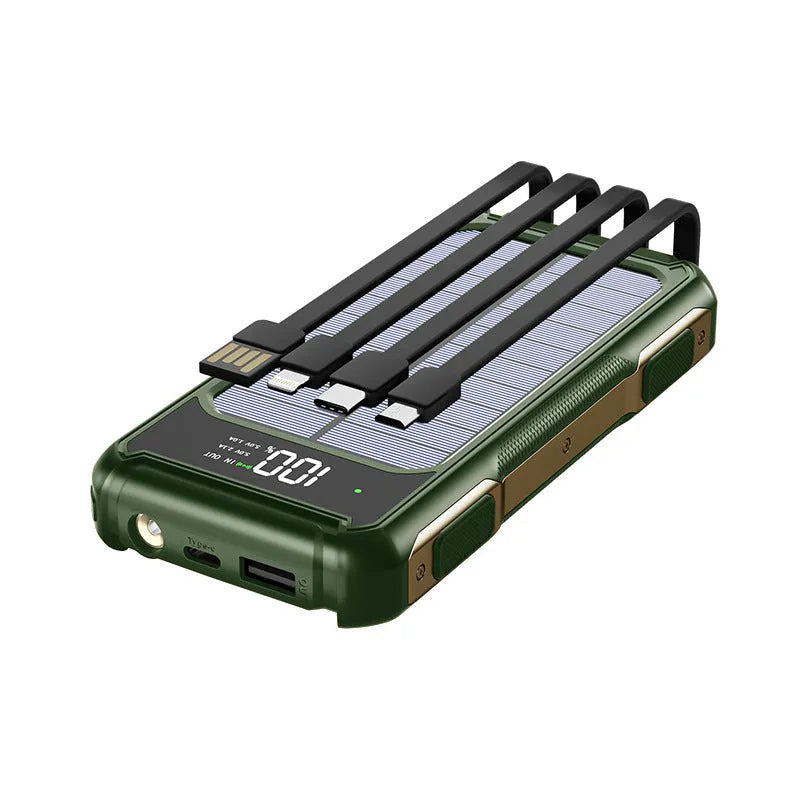 Military grade power bank in black, green, or orange showing compact size and USB ports.