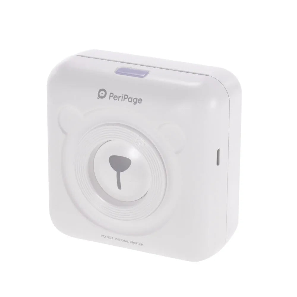 Portable handheld mini thermal printer in white with 7.9cm dimensions and a roll of thermal paper