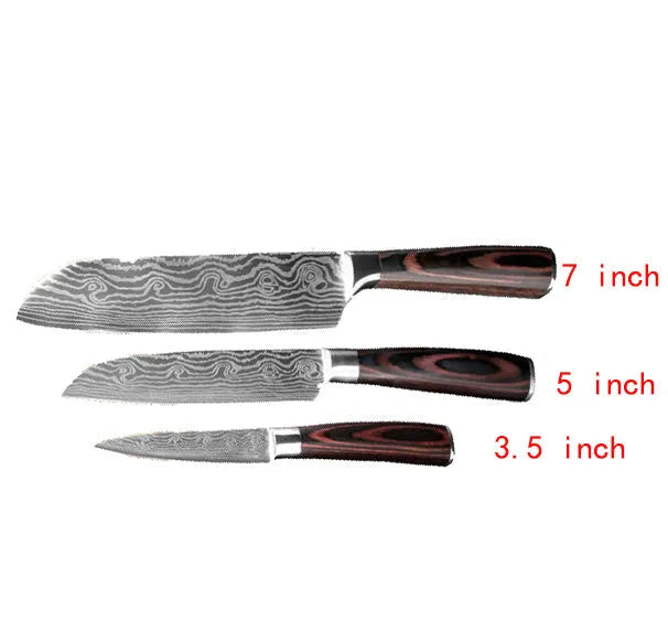 7Cr17 stainless steel kitchen knife with Damascus pattern blade and coloured wood handle on a cutting board.