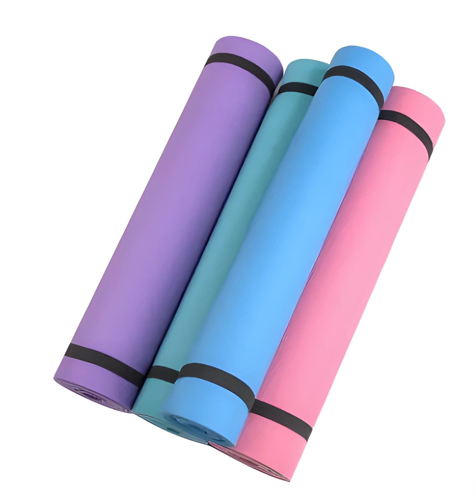 Red EVA yoga mat showing thickness, next to a blue mat, on a wooden floor.