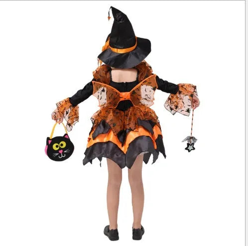 Halloween witch princess dress for girls in polyester blend with size options 100cm to 160cm
