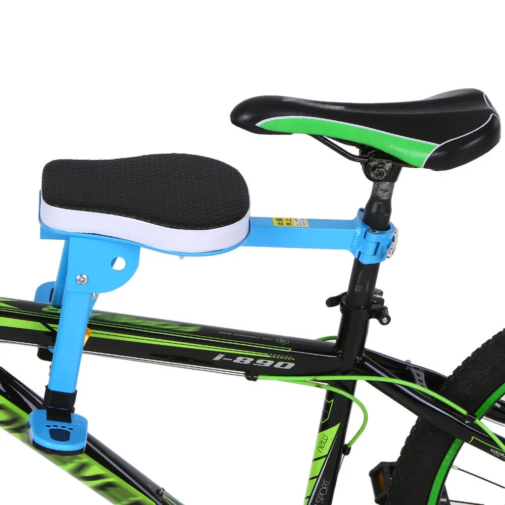 Front-mounted bicycle child seat with cotton tube cushion, foldable pedals, and 31.8mm quick-release clamp