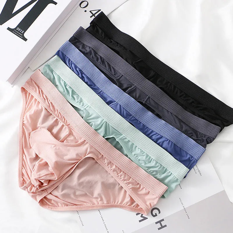 Men's low waist briefs underwear in Ice Silk fabric on a size chart showing weights for S, M, L, and XL.