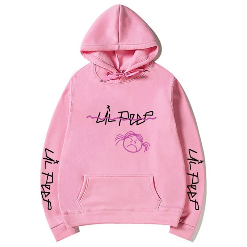 Lil Peep hoodie in beige with white word printing and three-dimensional patch pocket, plus-velvet lining inside