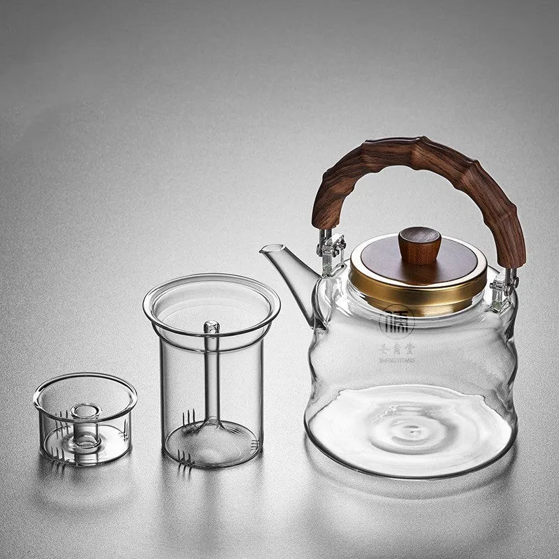 High borosilicate glass stove-top teapot with bamboo handle and golden lid