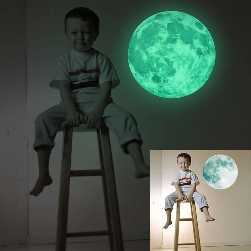 30cm green fluorescent glow moon wall sticker on a wall, glowing in the dark