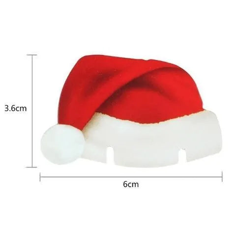 10 red paper Santa hat wine glass toppers on a Christmas table