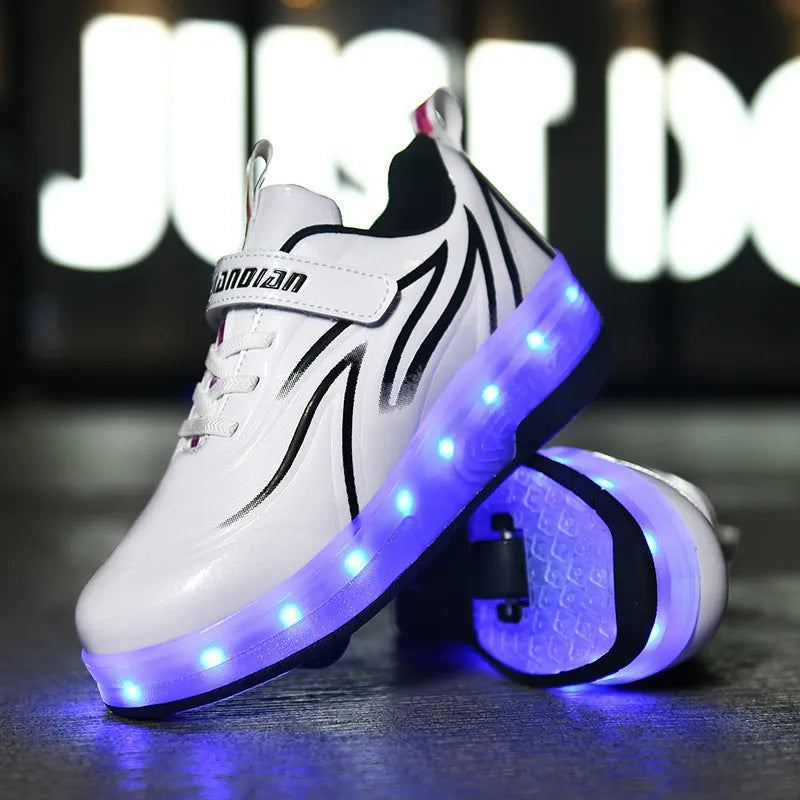 Light charging pulley shoes with double PU wheels in Black Blue colour, size 28-40