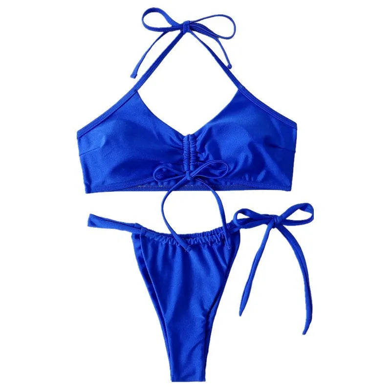 Blue women's polyester neck-hanging two-piece bikini set with shorts