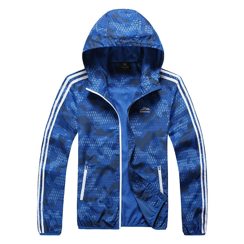 Men's summer outdoor sports skin wind coat in blue with long sleeves and full zip