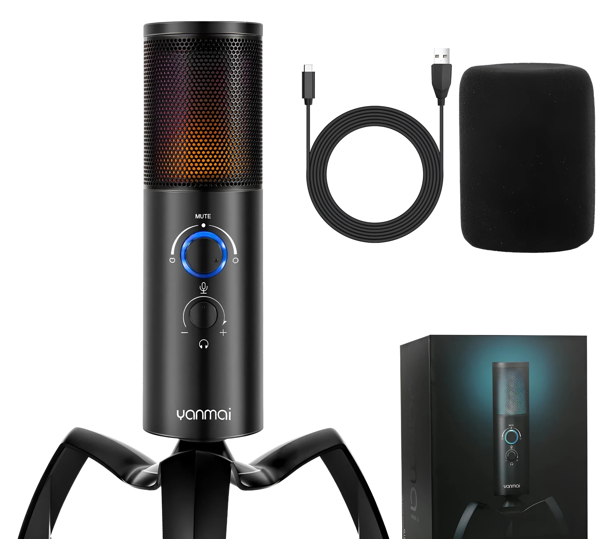 Black Q18 USB condenser microphone with RGB lights on a metal tripod stand.