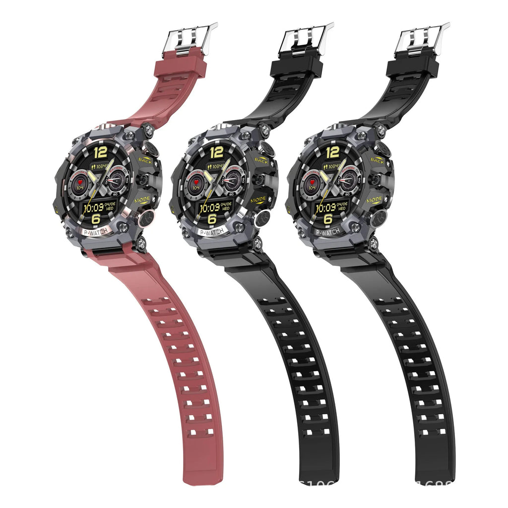 Waterproof smart watch with HD dual camera, black colour, touch screen display, showing step counting and blood oxygen detection features