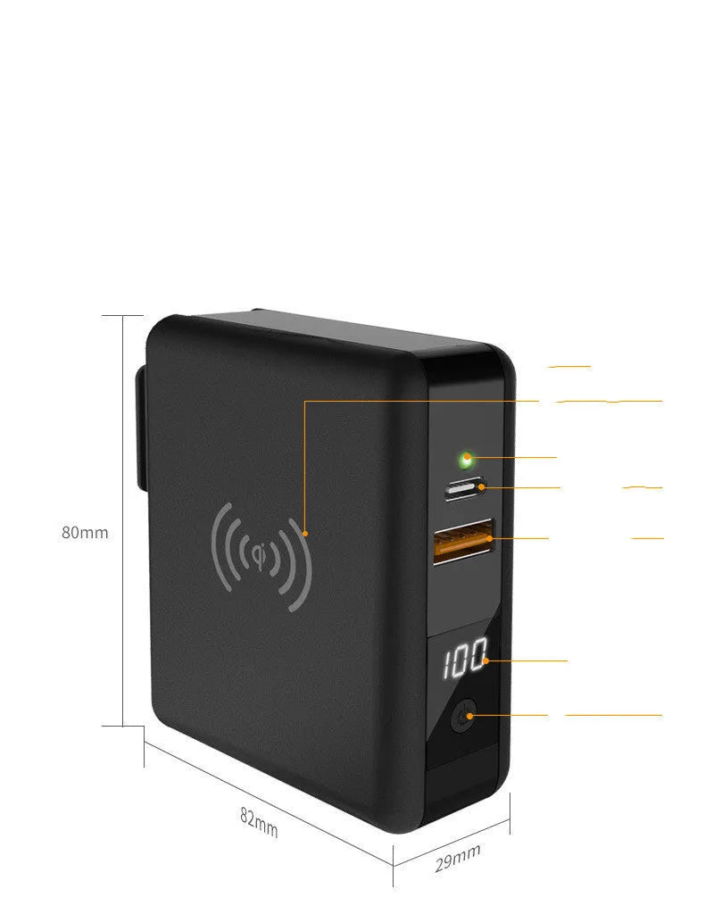 Black cylindrical Super QI power bank with built-in folding UK plug and wireless charging symbol on top