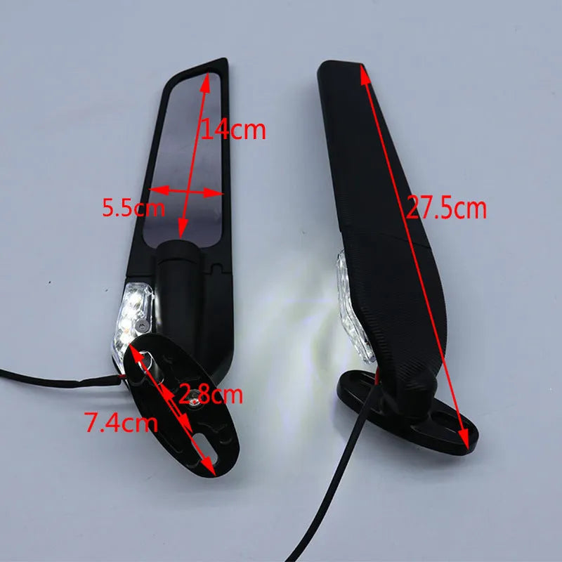 Pair of aluminium motorcycle rearview mirrors with convex lenses and integrated yellow running lights.