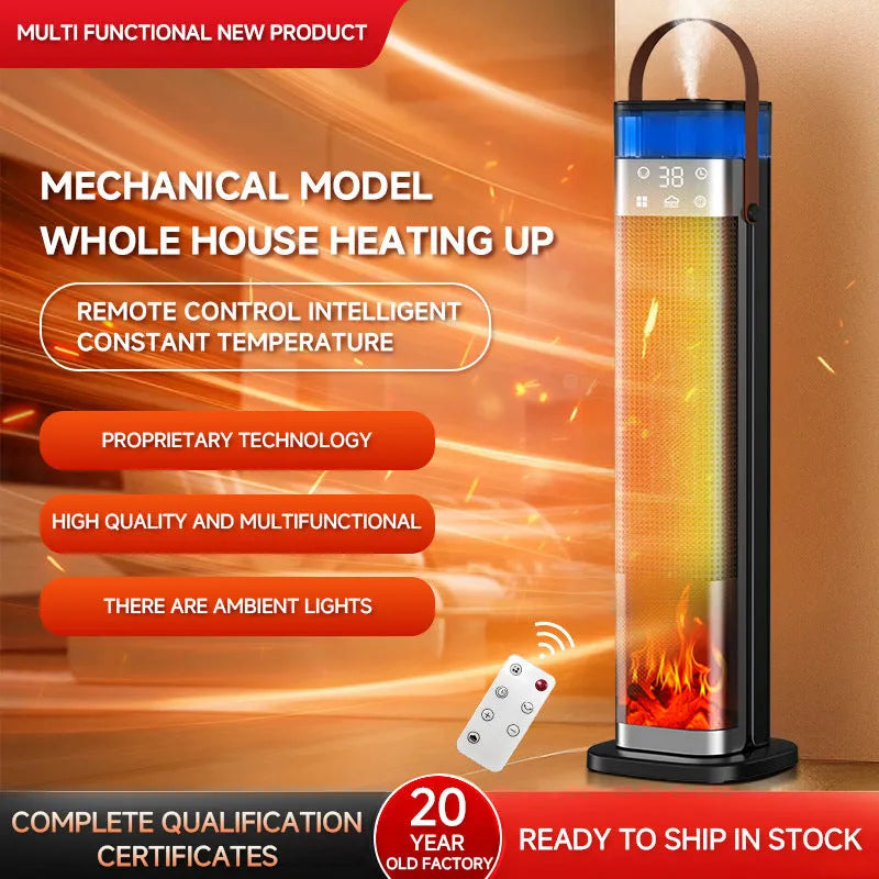 Slim vertical ceramic heater with humidifier function and remote control on a table.