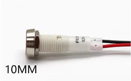 10mm plastic indicator light with stainless steel edge and wire leads in assorted colours.