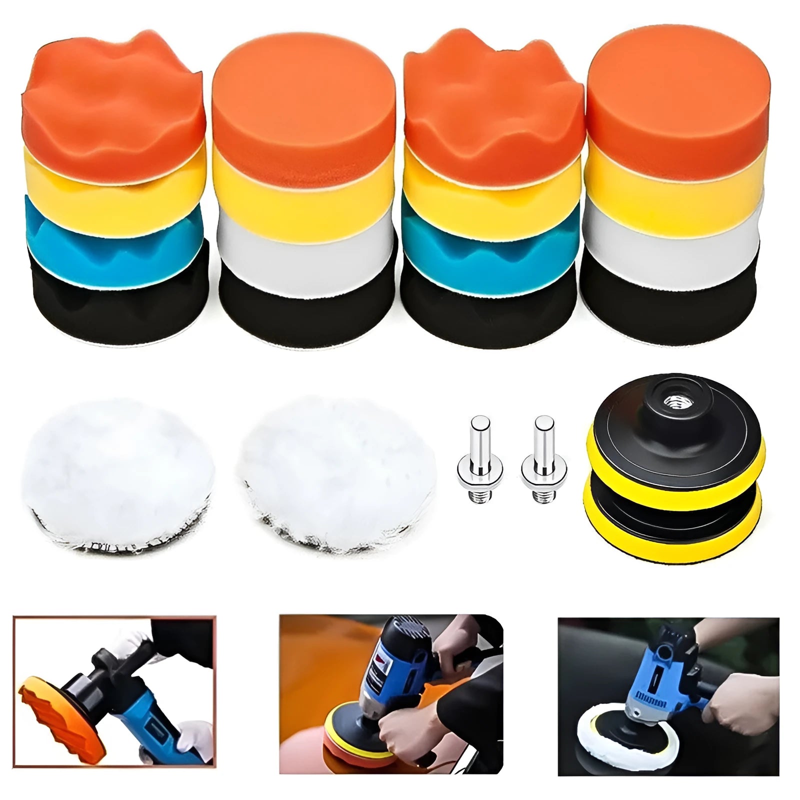 Automotive polishing pad set with multiple pads for waxing, polishing, and sealing