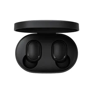 Redmi AirDots 2 black true wireless earbuds and charging case.
