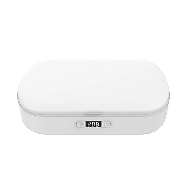 White rectangular wireless UV steriliser box with aromatherapy function for phones and small items.