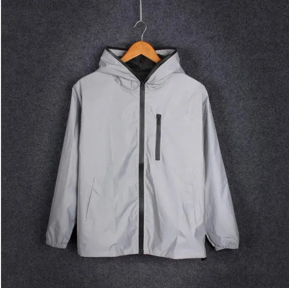 Men's full reflective windbreaker jacket in grey with hooded stand collar and zipper closure
