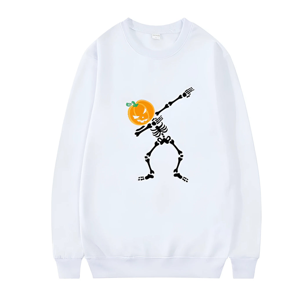 Women's printed crew neck long sleeve top in black with creative pattern, shown front view