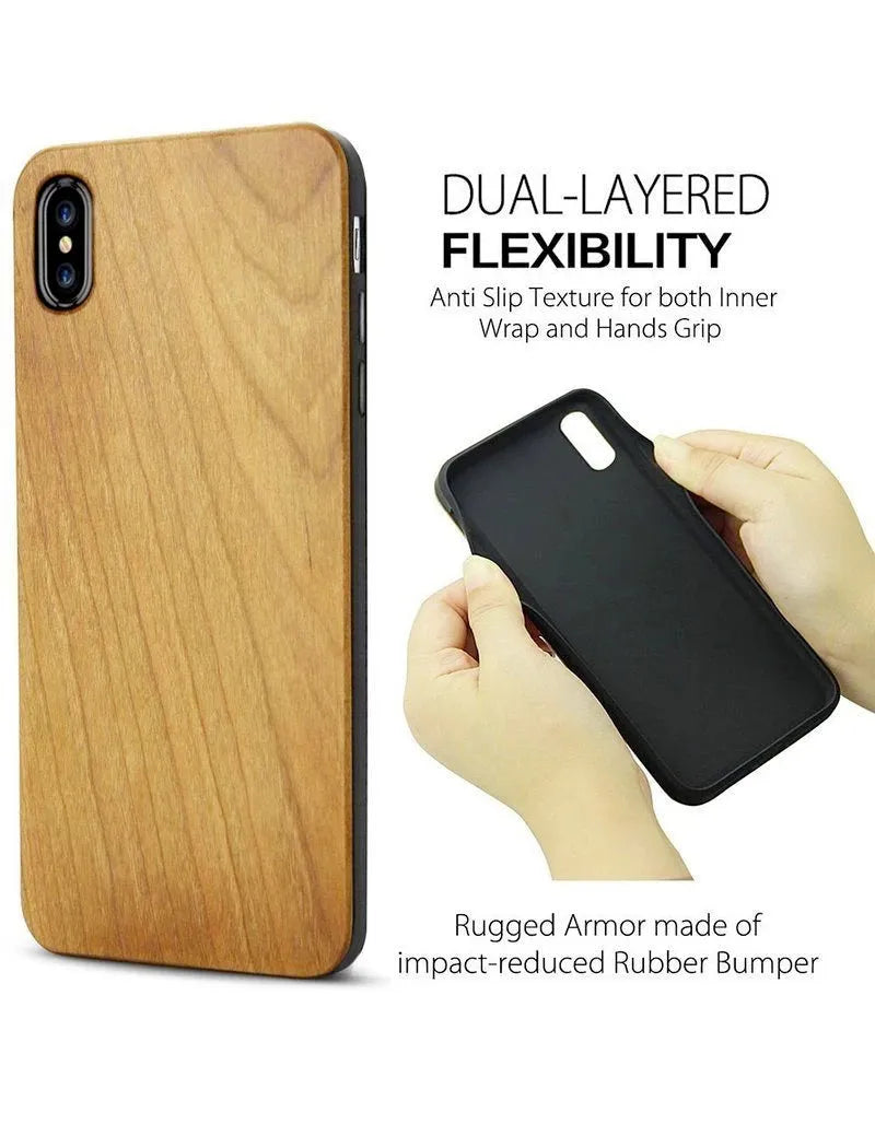 Wooden phone case with laser-carved design on a wooden back and a black TPU frame.