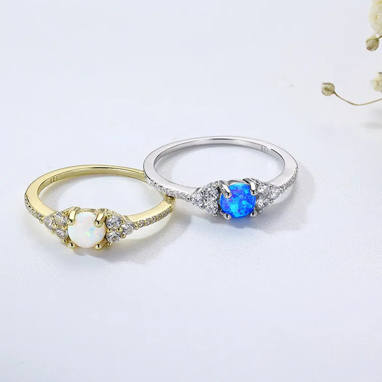 Geometric big diamond silver ring in white opal or blue opal, sizes 5 to 9, Mori Girl style.