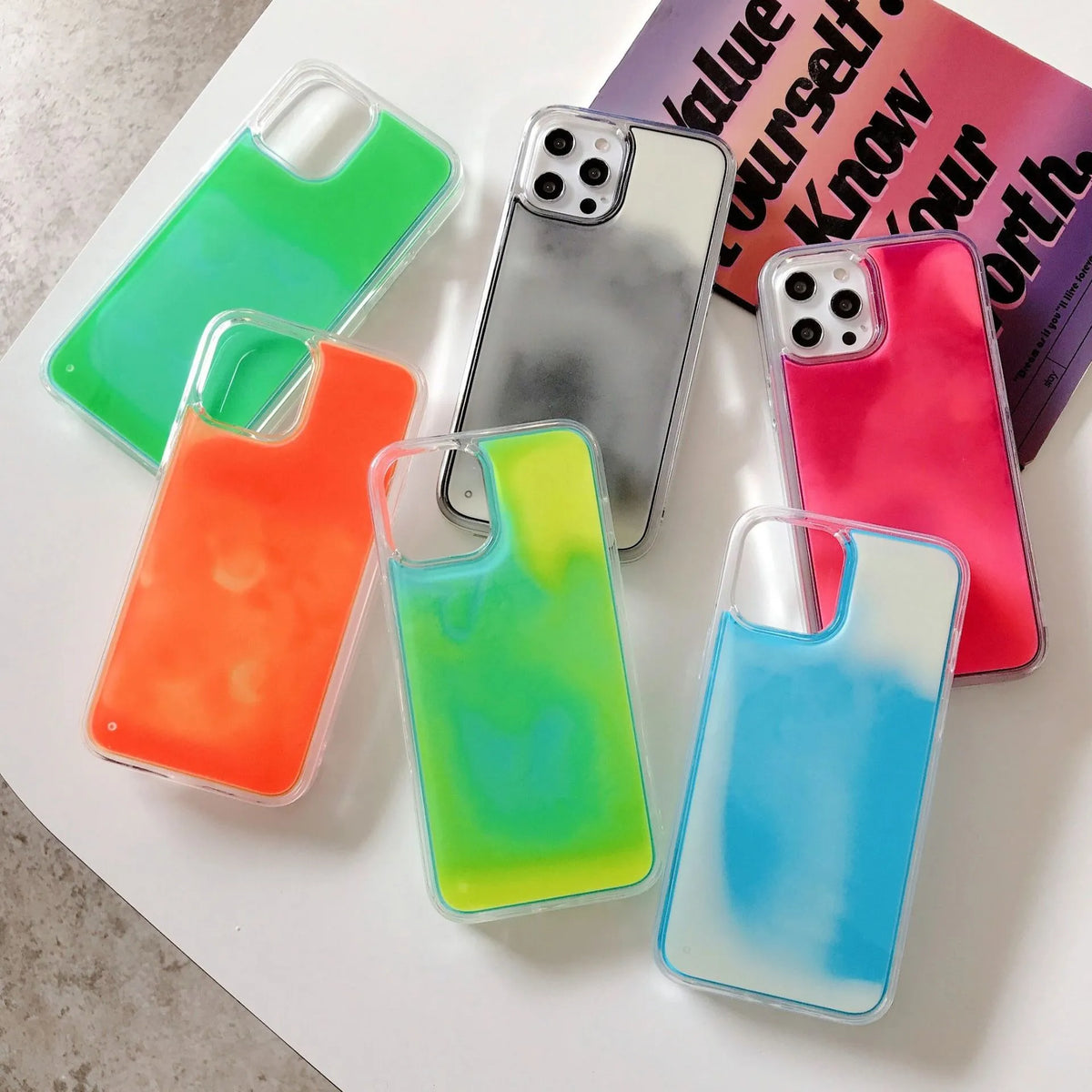 Luminous glitter quicksand iPhone case with TPU rear cover in Green Yellow, Blue White, Orange Yellow, Purple Pink, Black and White