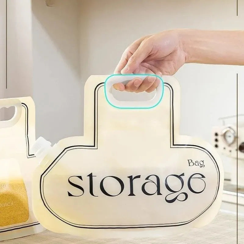 Cream grain storage bag with large diameter opening on a kitchen counter, 26.5x34.6cm food-grade PE