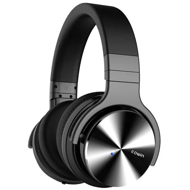 Male wireless Bluetooth headset head mounted in black with padded ear cups and adjustable headband