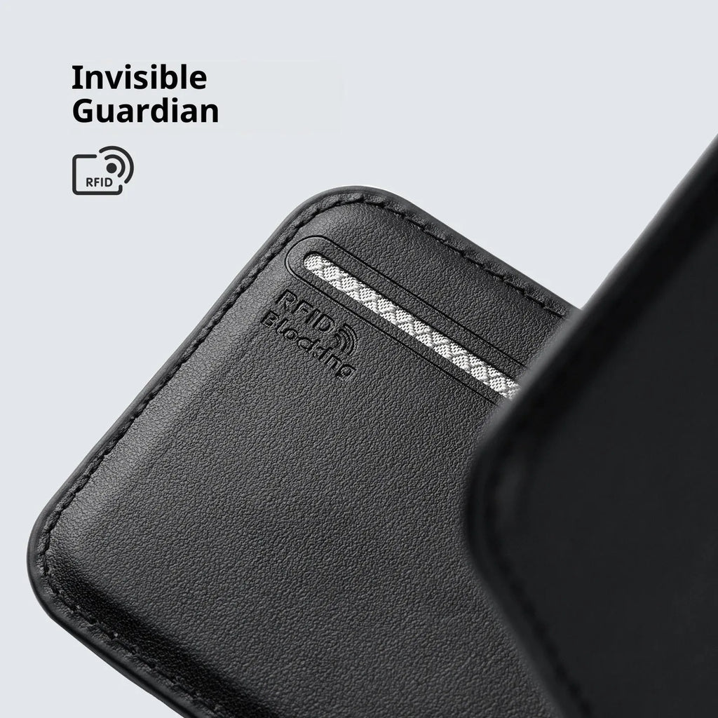 Magnetic men's phone stand wallet in solid colour, PU material, holds cards, available in elegant black