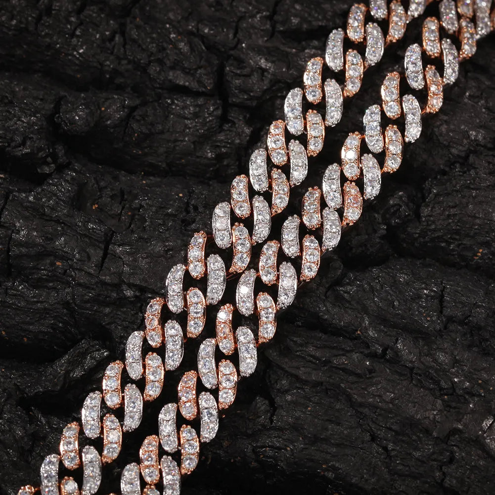 Unisex hip hop colour zirconium Cuban chain necklace in copper with zircon stones, white and pink, 18 inch length