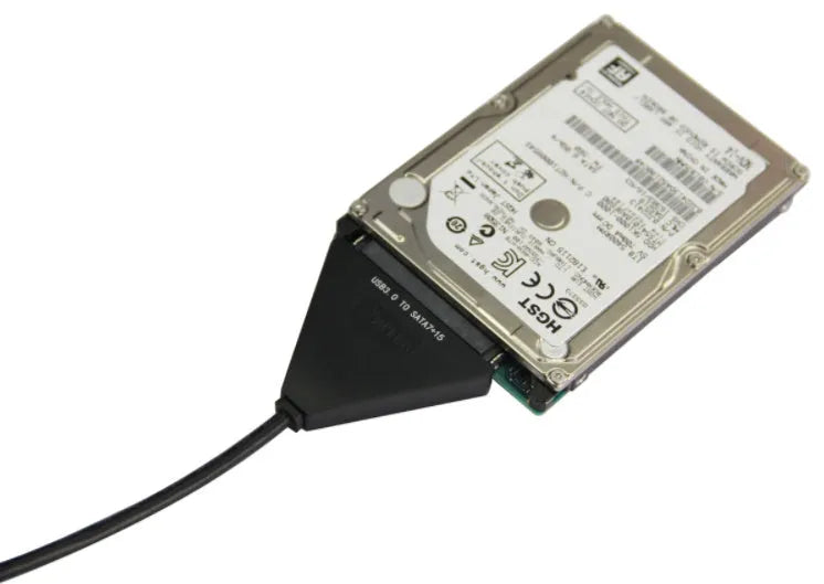 Black USB3.0 to SATA 7+15 pin hard drive adapter cable on a white background.