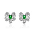 Sterling silver bow stud earrings with emerald-coloured high-carbon diamond mosaic for women, 925 silver