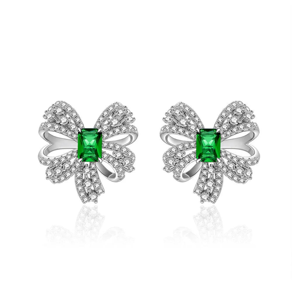 Sterling silver bow stud earrings with emerald-coloured high-carbon diamond mosaic for women, 925 silver
