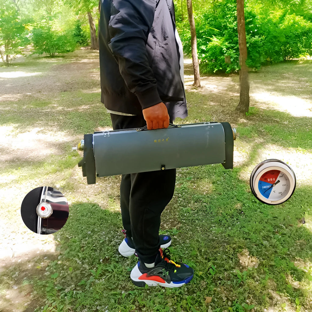 Silver portable vacuum tube grill with 1.5L capacity, 620mm tube, 49x35cm reflector, for outdoor smokeless cooking.