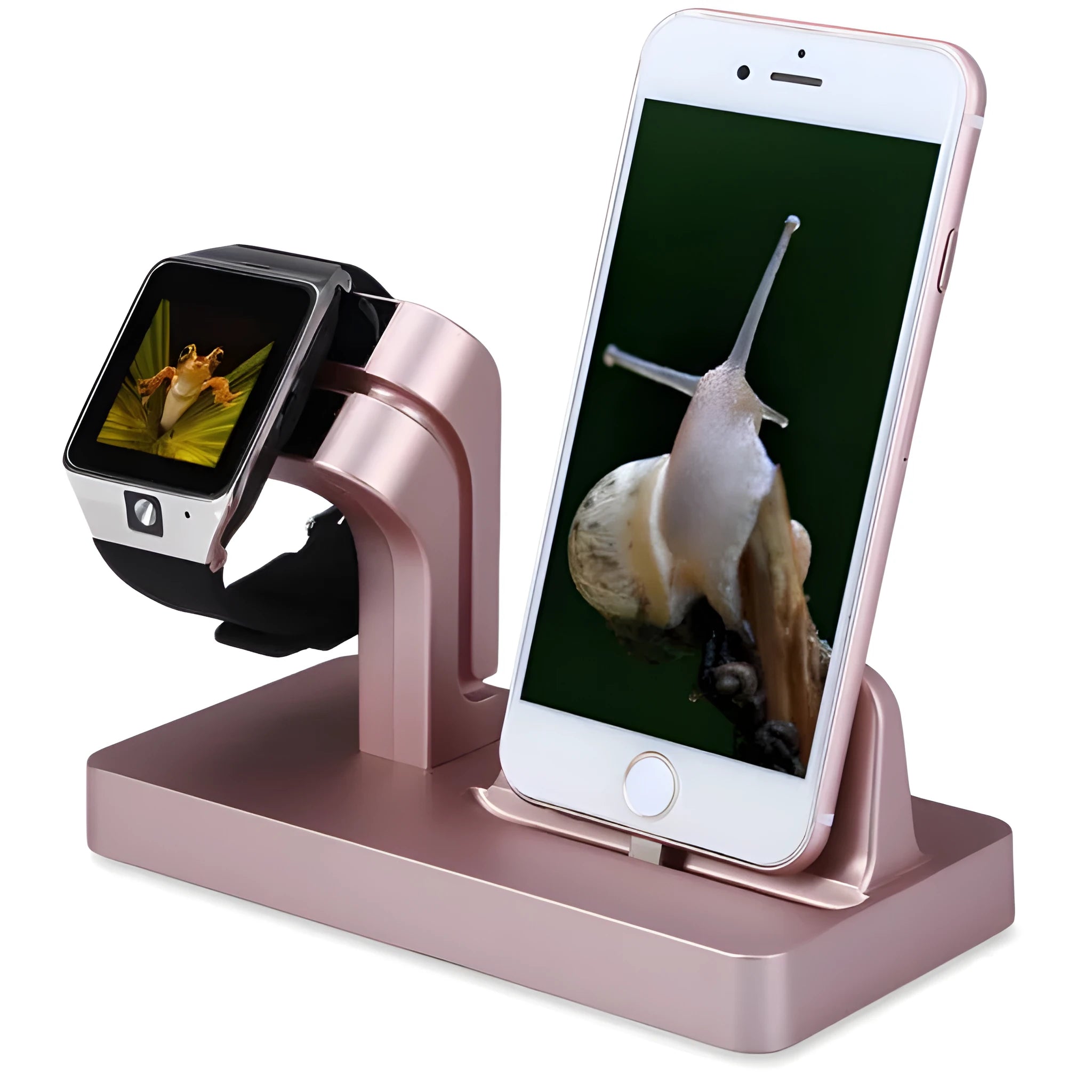 White 2-in-1 desktop charging dock holding an iPhone and an Apple Watch for simultaneous charging.