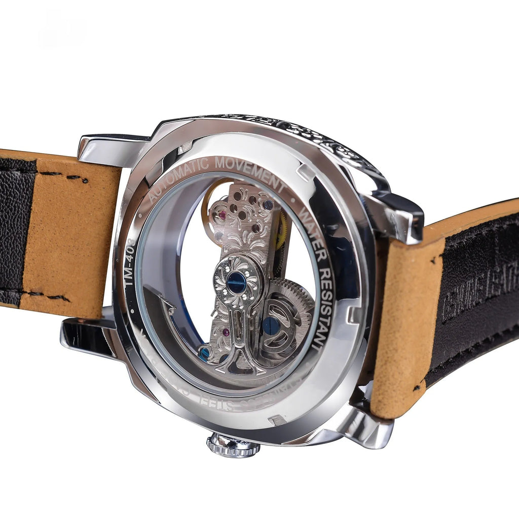 Hollow mechanical watch for men business style GMT1235-3 15mm thickness open-worked dial