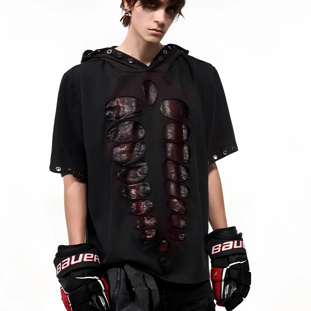 Black men's loose-fit hooded short-sleeve T-shirt with sequin detailing.