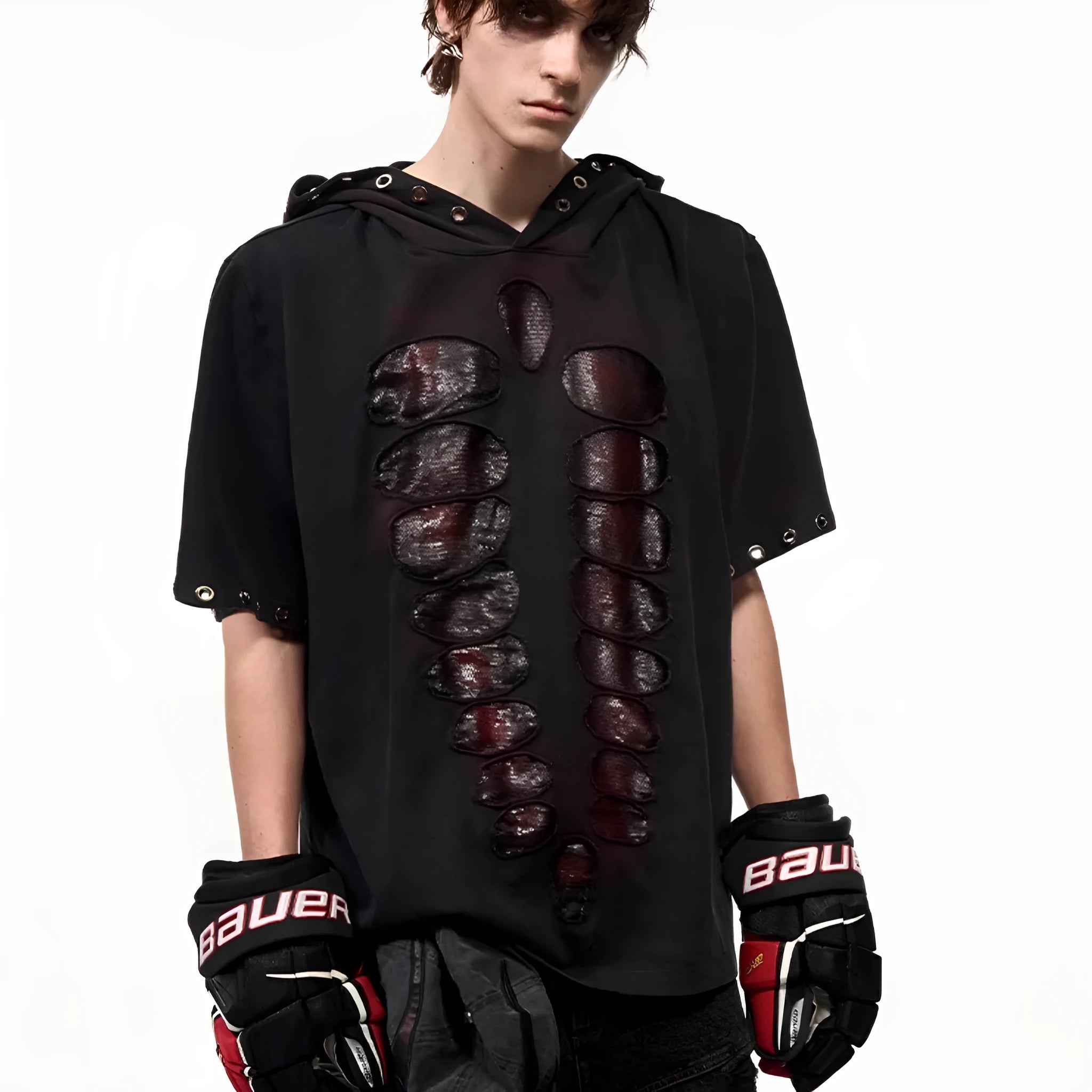 Black men's loose-fit hooded short-sleeve T-shirt with sequin detailing.
