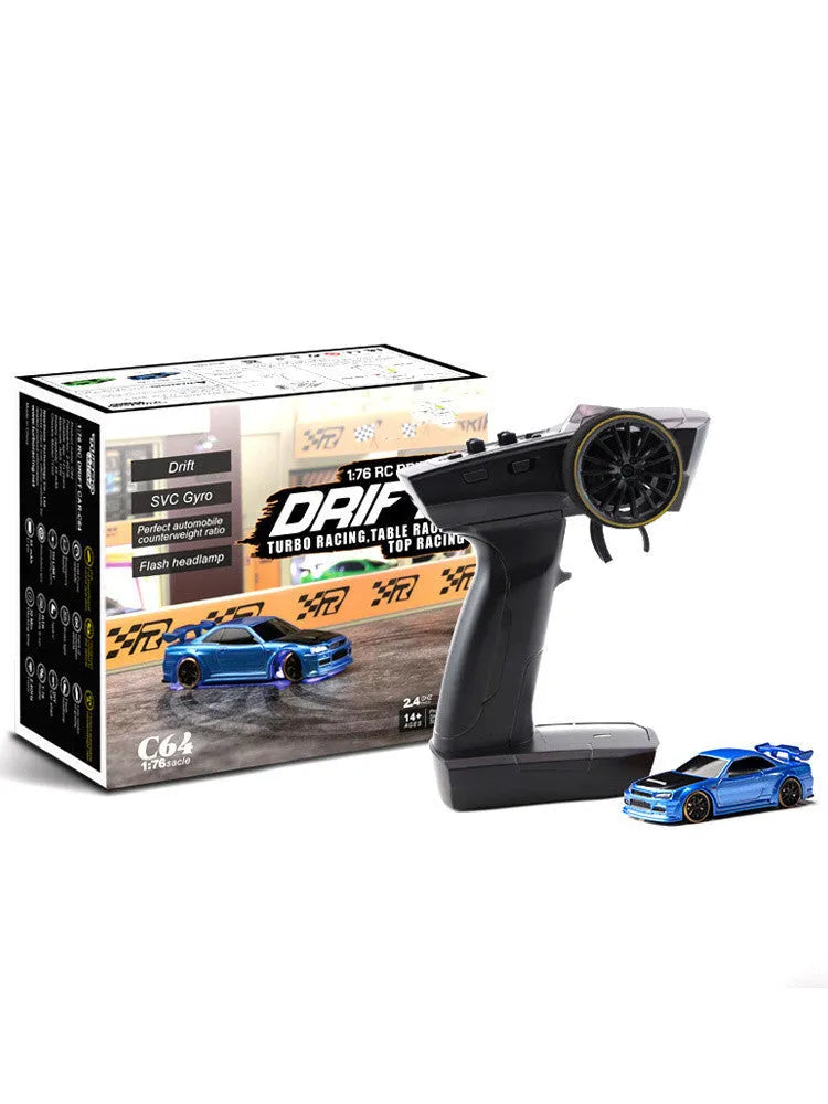 Turbo Racing C64 1:76 scale RC drift car with blue body and P21-SVC remote control transmitter