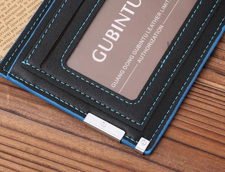 Mens black PU leather wallet with blue edge, open showing card slots and bill compartments