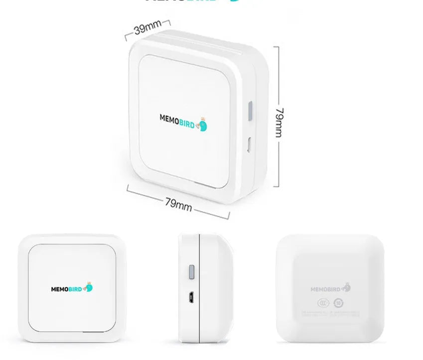 Thermal pocket portable Bluetooth printer in white with 79x79x40mm dimensions and 900mAh battery