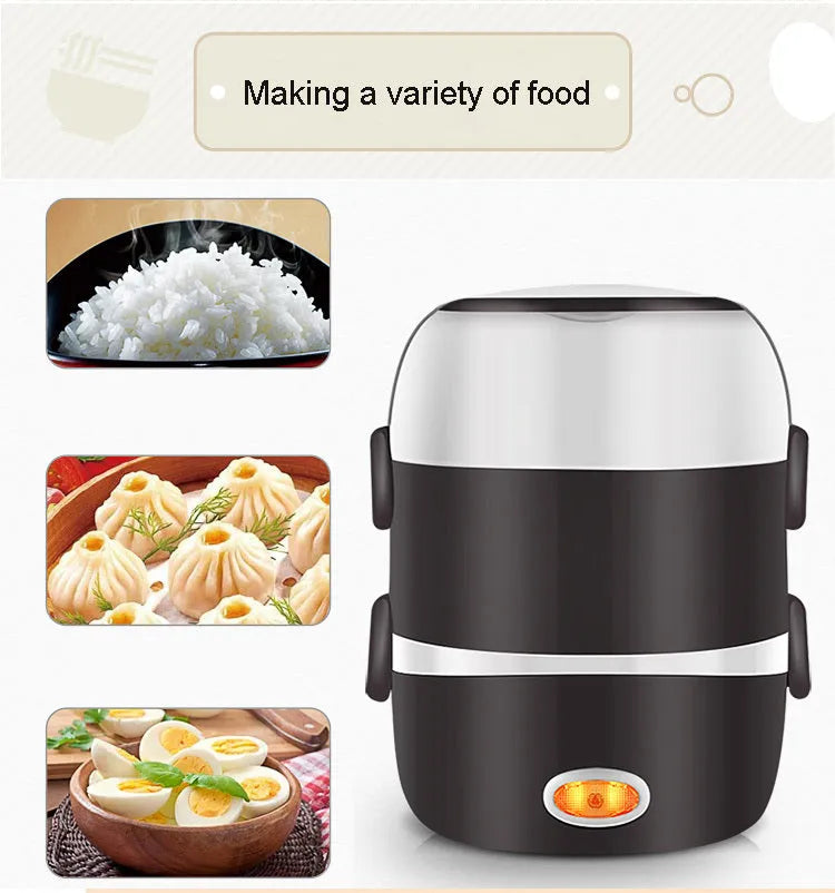Electric lunch box with USB power port showing two-layer design measuring 190mm