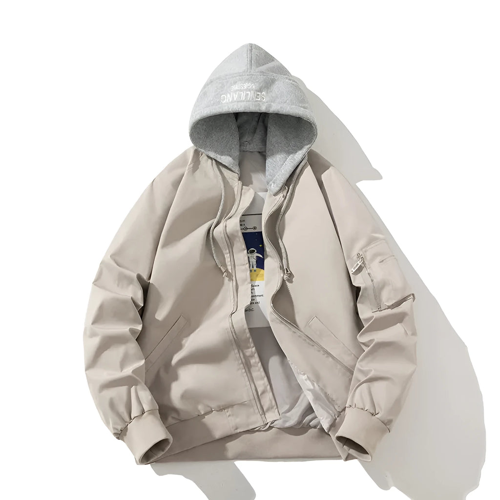 Men's loose-fit black pilot jacket with matching cotton-lined hat, shown on a model.