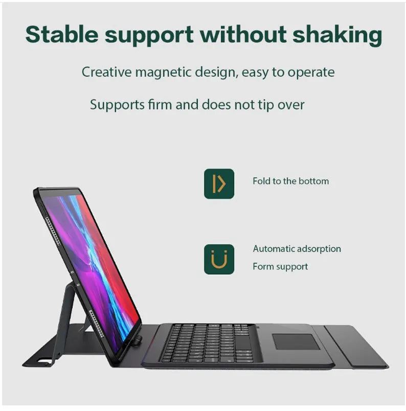 Black Bluetooth keyboard protector with integrated touch panel for iPad, side angle view