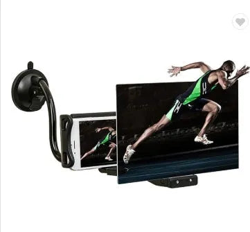 Black 12-inch mobile phone screen amplifier with adjustable folding stand on a table.
