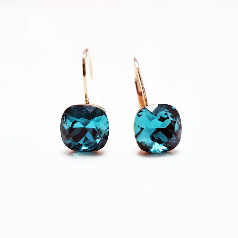 Austrian crystal copper geometric ear studs in Champagne Gold Blue colour
