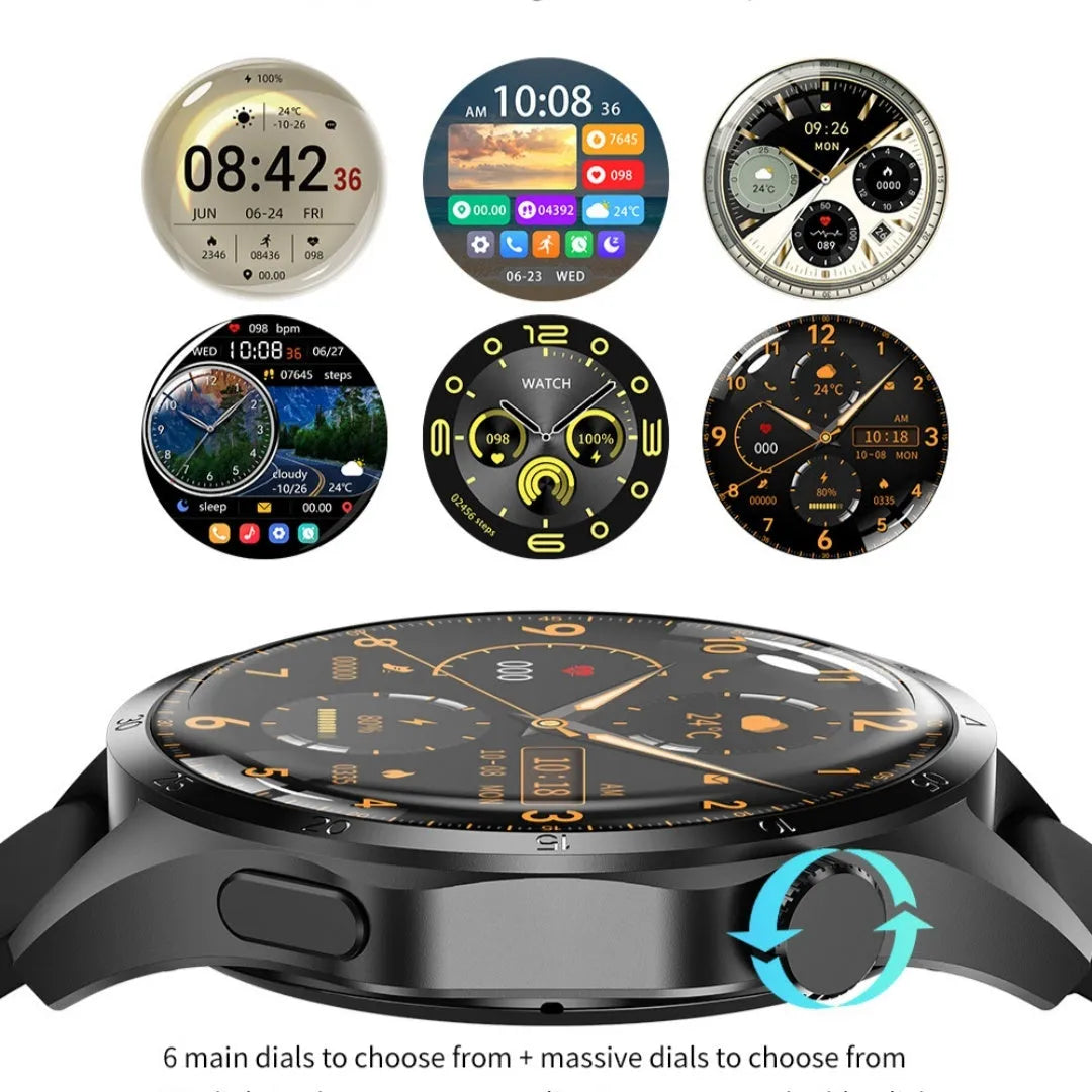 Black Bluetooth smartwatch with TFT touch screen shown with both silicone and Milan net strap options.