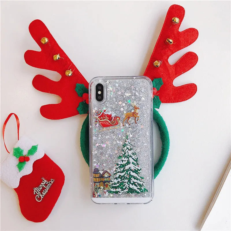 Transparent quicksand iPhone case with Santa Claus Christmas tree design in pink colour